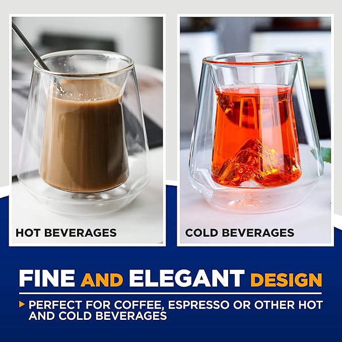 NutriChef Double-Wall Insulated Drinking Glasses - 8 oz Set of 2 Mugs, Insulated Tumblers for Hot or Cold Drinks, Coffee, Soda, Cocktails and More - Microwave and Dishwasher Safe, Sweat-Free Design