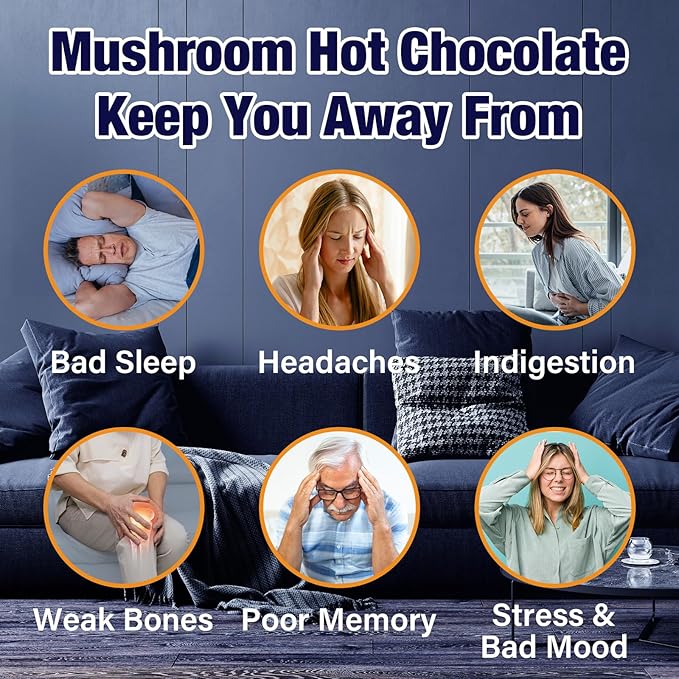 Mushroom Hot Cocoa with Magnesium Glycinate, Reishi, L-Theanine, Ashwagandha, Lemon Balm, Lavender, Cacao Powder Organic Hot Chocolate Supplement for Sleep, Relaxation, No Melatonin, 2P