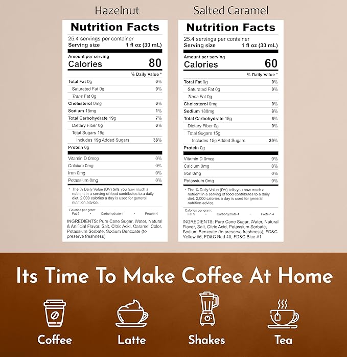 Syruvia Coffee Syrup Variety Pack - Hazelnut & Salted Caramel- Gluten - Free, Kosher, 25.4 fl oz Bottles - Enhance Your Coffee Experience with Premium Flavoring Syrups