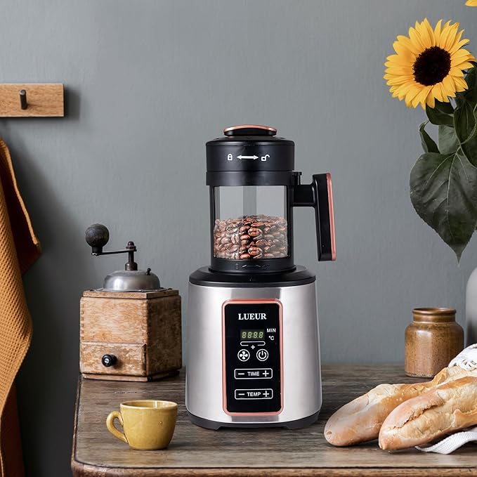LUEUR Electric Coffee Bean Roaster Machine for Home Use, 1500W Hot Air Coffee Roaster with Adjustable Timer, Variable Heat & Air Fan Settings, Chaff Collection Basket, 100g Capacity