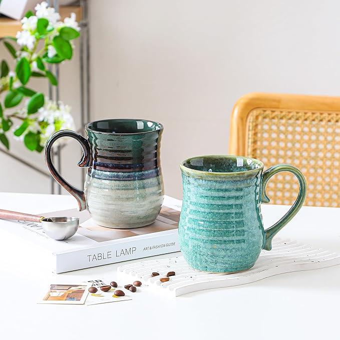 21 oz Large Ceramic Coffee Mugs, Handmade Cup with Large Handle, Big Tea and Coffee Cups for Office and Home, Microwave and Dishwasher Safe (Ink Green)