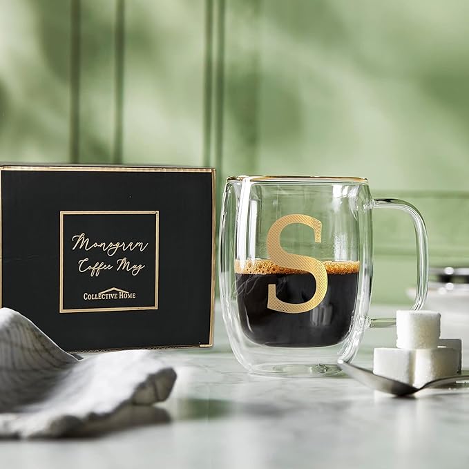 COLLECTIVE HOME - Double Walled Glass Coffee Mugs, Insulated Coffee Mug with Handle, Personalized Gifts for Women, Men, Christmas, 14 oz Monogram Cups (S)