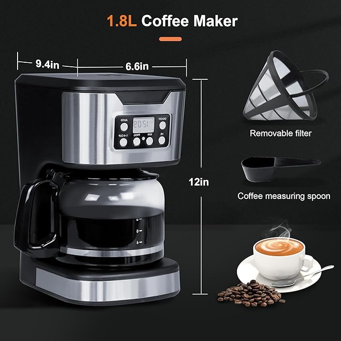 Programmable Coffee Maker 12 Cup Brew & Drip coffee machine, Fully Automatic, 1-4 Cup Setting, Stainless Steel, Keep- Warm Function, Household, Home and Office, Black