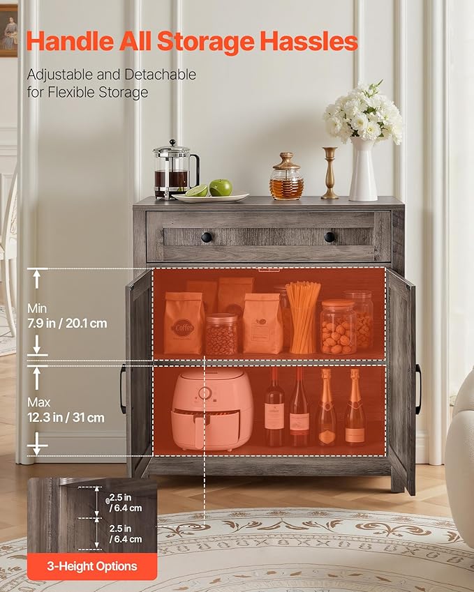 VEVOR Buffet Cabinet, Farmhouse Sideboard Cabinet with Drawer, Coffee Bar Cabinet with 2 Barn Door, Sideboard Buffet Station for Living Room, Entryway, Kitchen, 29.5 x 14.7 x 31.5 in, Grey