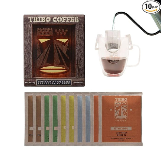 Tribo Coffee Single-Serve Portable Pour Over Drip Coffee - Variety - 10 Servings (Light, Medium & Med-Dark Roasts)