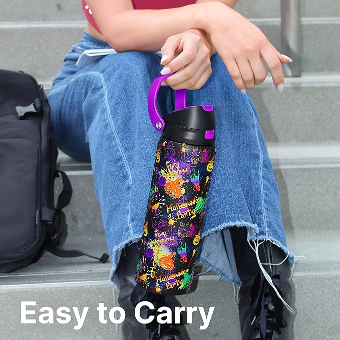 Encool SwiftSip Insulated Stainless Steel Water Bottle with Straw - Leak Proof Sports Water Bottle for School, Travel, Keeps Cold All Day, One-Touch Flip Lid, BPA-Free, 24 oz, Ghost Party