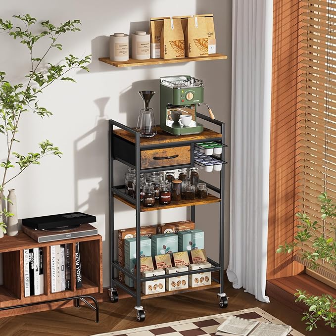 Housolution 4-Tier Coffee Bar Cart with Storage, 33" H Coffee Station Cabinet with Pod Drawers for Nespresso Vertuo, Mini Toaster Oven Stand Table for Home, Kitchen, Living Room (Rustic Brown)