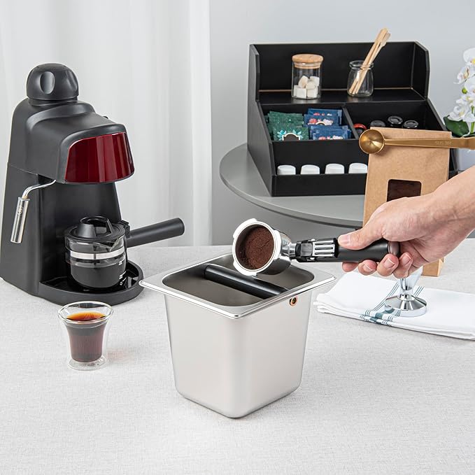 Restaurantware Restpresso 7 x 6.4 x 6 Inch Knock Box 1 Deep Tamp Box - Built-In Knock Bar Dishwashable Stainless Steel Barista Knock Box Durable For Coffee And Espresso Grounds