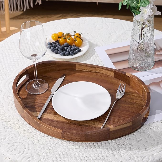 Acacia Wood Serving Tray with Handles - 17'' x 13'' Round, Decorative Ottoman Trays for Breakfast, Home Decor, Tea Party, Coffee Table, Candle Display, Kitchen Counter Board