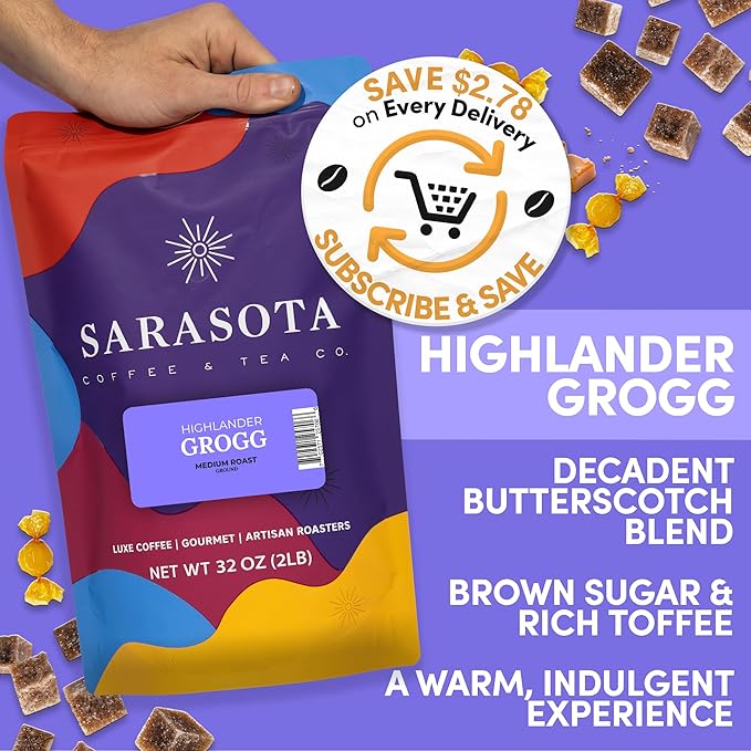 2 lb Highlander Grogg Ground Coffee | Butterscotch Caramel Vanilla Flavored Coffee | Bulk Medium Roast Flavored | Specialty Grade | 32 oz