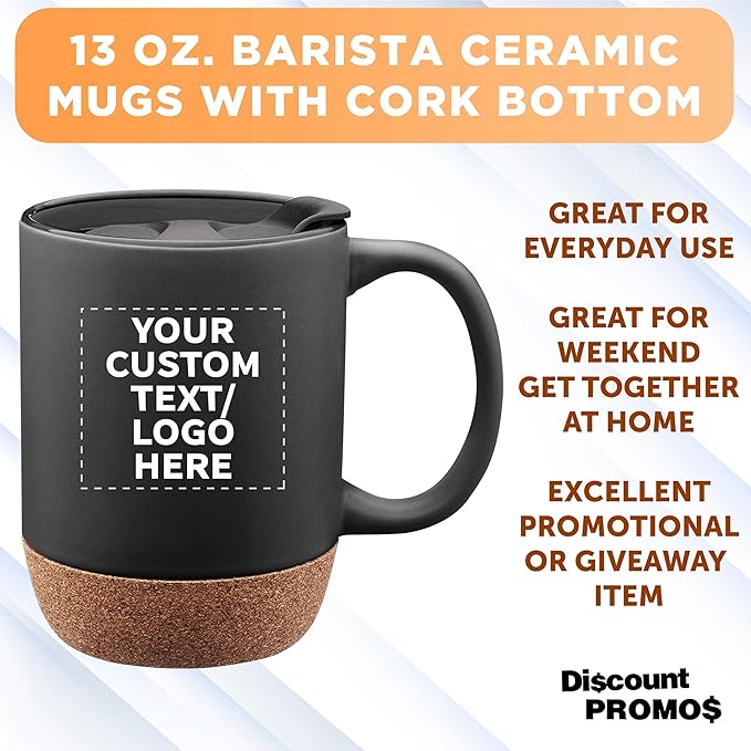 Custom Barista Ceramic Mugs with Cork Bottom 13 oz Set of 12/36/72 Personalized Bulk Pack Perfect for Coffee Tea Espresso Hot Cocoa Other Beverages - Black