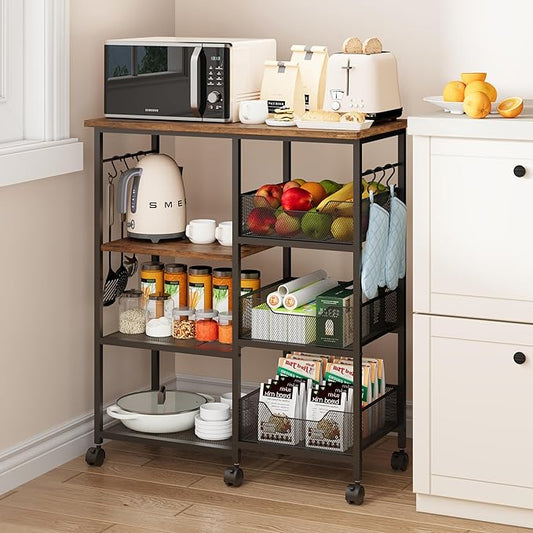 SWTYMIKI Kitchen Island Cart on Wheels - 28.35x14.57in Rolling Kitchen Table Cart with Storage Shelves, 6 Removable Hooks& Locking Casters, Coffee Bar Cabinet for Dining Room Pantry Office, Espresso