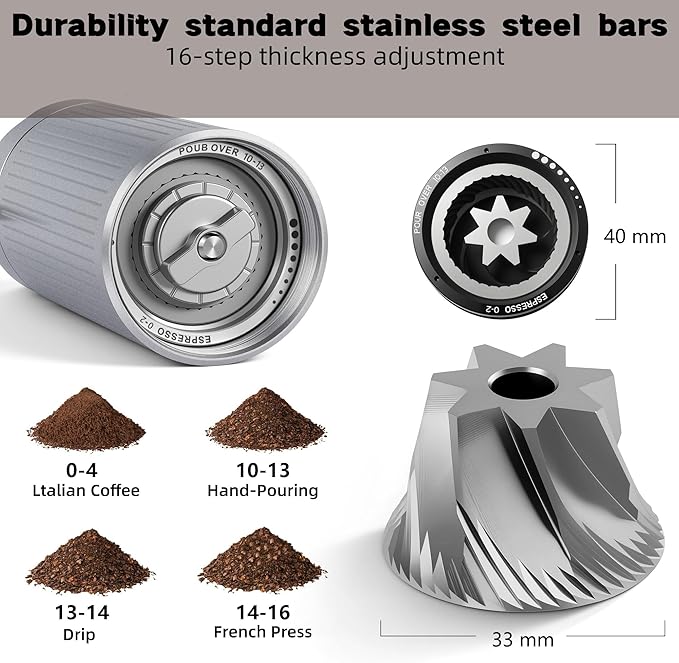 Burr Coffee Grinder 2-in-1 Manual/Electric, 40mm Stainless Steel Conical Burr Coffee Bean Grinder, USB Rechargeable Home Use, 16 Grind Levels for Espresso/Drip/French Press/Mocha (Silver)