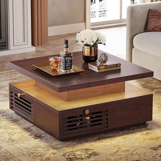 IRONCK Coffee Table with LED Light and Charging Station, 4 Storage Drawers with Grille Design, Square Coffee Table for Living Room Office Reception Room (Walnut)