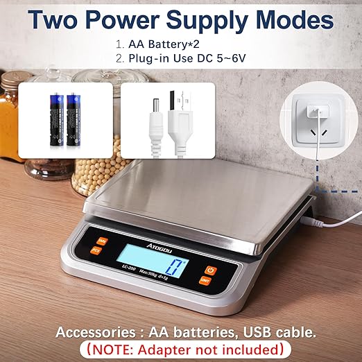 ATOGOU 66lb Food Scale, Commercial Kitchen Scale Plug-in Usable with Full View LCD Display, Stainless Steel, for Baking, Bread, Cooking, Meat, Vegetables, Farm, Industry LC200