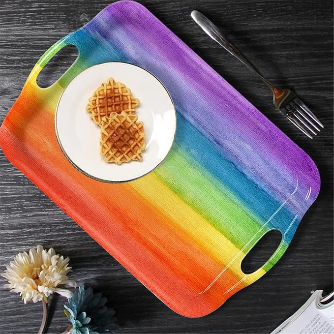 Serving Tray Decorative Tray with Handles Multi-Purpose Rectangular Serving Trays for Restaurant, Parties, Coffee Table, Kitchen - Rainbow Stripes