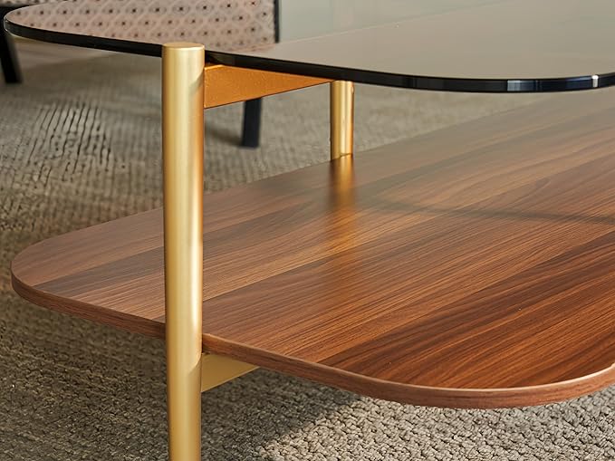 Shrine Oval Glass Coffee Table, Mid-Century Modern Design, Two-Tier Walnut MDF Rounded Corner Table, 41" D x 21" W x 17" H, Sleek Conical Metal Legs with Gold Finish