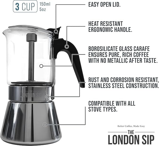 The London Sip Glass and Stainless Steel Stovetop Espresso Maker Moka Pot Italian Coffee Percolator, Glass, Small (5.07 oz)