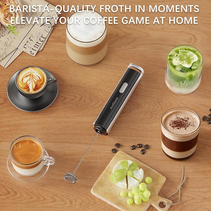 Handheld Milk Frother Wand, Rechargeable Electric Whisk with 3 Speeds & 3 Stainless Heads, Milk Foam Maker with Stand for Latte, Cappuccino, Hot Chocolate, Egg