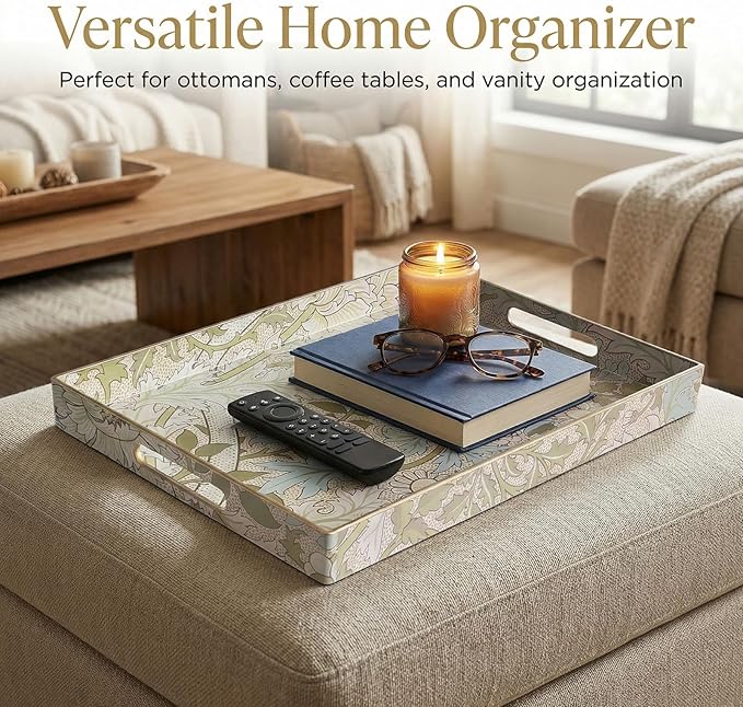 Zosenley William Morris-Style Serving Tray with Handles - 15.7" x 11.8" Floral Pattern Decorative Platter for Coffee Table, Ottoman & Breakfast in Bed - Sturdy Plastic Rectangular Tray