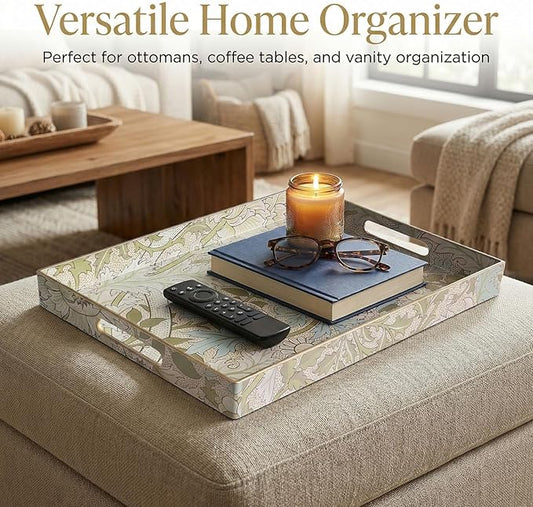 Zosenley William Morris-Style Serving Tray with Handles - 15.7" x 11.8" Floral Pattern Decorative Platter for Coffee Table, Ottoman & Breakfast in Bed - Sturdy Plastic Rectangular Tray