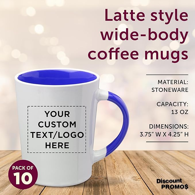 Custom Ceramic Latte Coffee Mugs by Albany 13 oz. Set of 10, Personalized Bulk Pack - Perfect for Coffee, Tea, Espresso, Hot Cocoa, Other Beverages - Cobalt Blue
