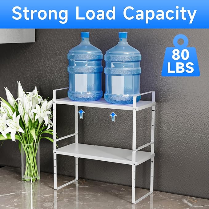KIKIBRO Expandable Cabinet Shelf Organizer, Stackable Kitchen Pantry Counter Storage, Adjustable Closet Cupboard Stand Rack Risers Spice Organization 80LBS Heavy Duty White Large 1 Pack