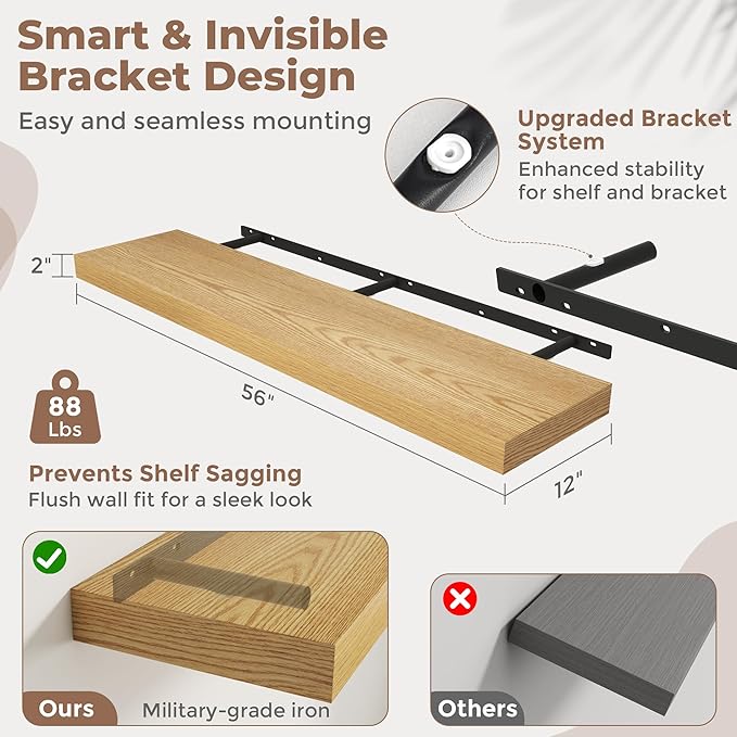 Marsmiles 12" Deep Floating Shelves for Wall with Invisible Brackets, Wall Mounted Engineered Wood Shelves with Wood Grain for Living Room, Bedroom, Kitchen Decor and Storage, 55" L Set of 1, Oak