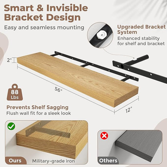 Marsmiles 12" Deep Floating Shelves for Wall with Invisible Brackets, Wall Mounted Engineered Wood Shelves with Wood Grain for Living Room, Bedroom, Kitchen Decor and Storage, 55" L Set of 1, Oak