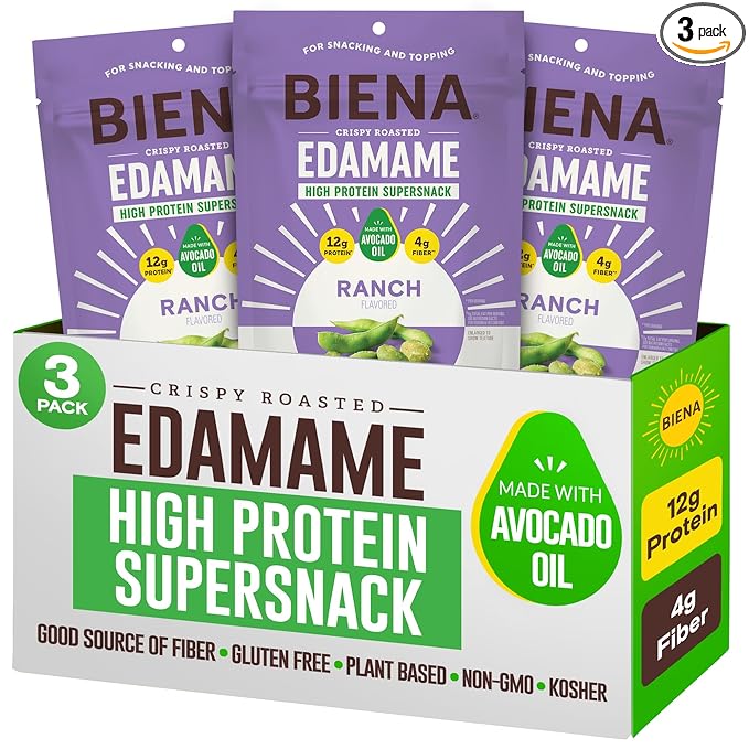 Biena Crispy Roasted Edamame Beans Snack – High Protein Snack for Adults & Kids, 12g-13g Protein per Serving - Made with Avocado Oil – Vegan, Low Carb, Gluten-Free – 3-Pack 4.75oz, Ranch