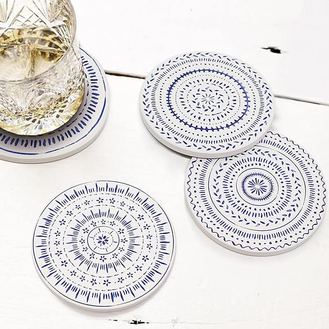AD Set of 6 Coasters for Drinks Absorbing Round Ceramic Stone Coaster with Cork Base,Tabletop Protection Mat for Mugs and Cups,Office,Kitchen (Nordic Blue with Holder)