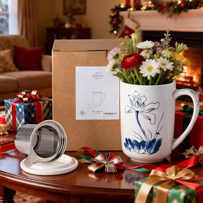 AmorArc Porcelain Tea Mug with Infuser and Lids, 18 Oz Large Cup Strainer with Bag Holder for Loose Leaf Tea, Steeping Coffee Mug for House-warming Wedding Birthday Gift