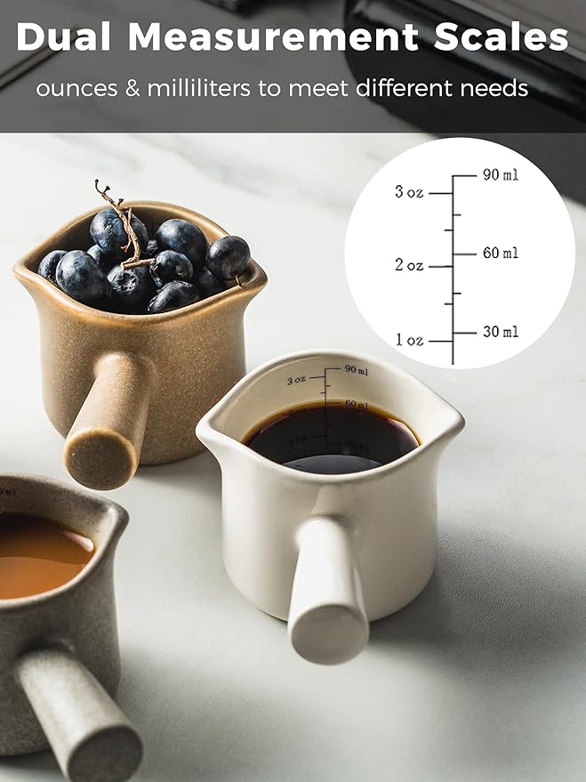 YHOJOY Espresso Measuring Cup, Ceramic Espresso Cup Double Spouts Expresso Shots Cup with Handle, Espresso Accessories, 3 Oz/ 90 Ml, White