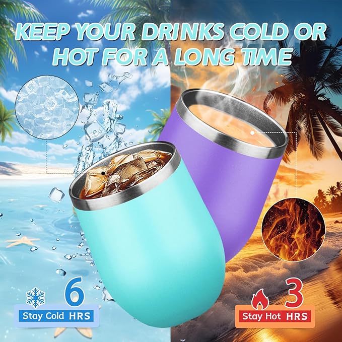 12oz Stemless Wine Tumbler with Lid Double Wall Insulated Wine Cup Stainless Steel Glasses Tumbler with Straw Insulated cocktail Tumbler Coffee Mug for Hot and Cold Beverages (Multicolor-11,6Pack)