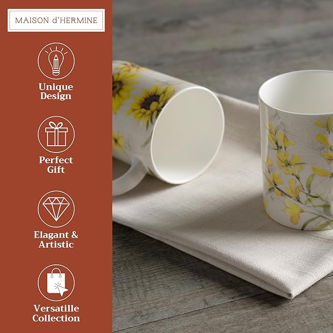 Maison d' Hermine Coffee Mug with Handles Fine Bone China Mugs Pack of Two Tea Cups for Hot Beverages Cappuccino Latte Home Restaurant Office Perfect for Gift (Candice, 12 Ounce)