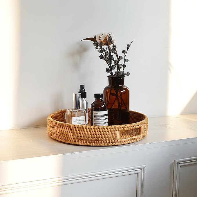 2 Pack Round Rattan Tray, Hand Woven Serving Tray with Handles, Wicker Serving Basket, Decorative Tray for Home Decor, Natural (11.8 + 14 inch)