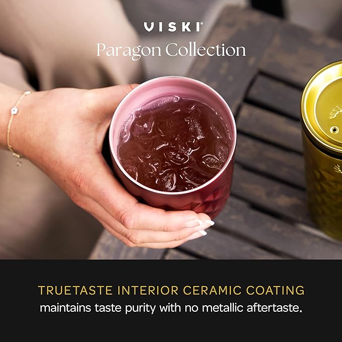Viski Paragon Cocktail Tumbler Insulated Cocktail Cup, Insulated Ceramic Lined Rocks Tumbler Stainless Steel Whiskey Glass Rose Pink 12oz Set of 1
