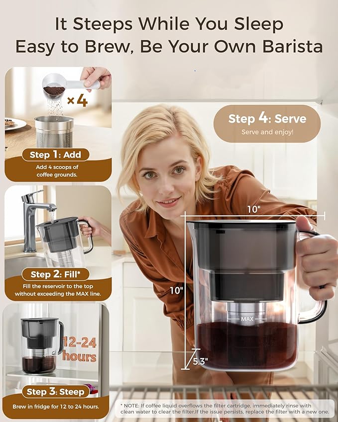 Waterdrop Cold Brew Coffee Maker with 1 Magnesium Water Filter, Well-Balanced Acidity, Unlocks Flavor and Aroma, BPA-Free, Precision Fine Mesh Filter for Iced Coffee, Tea, Lemonade, Black