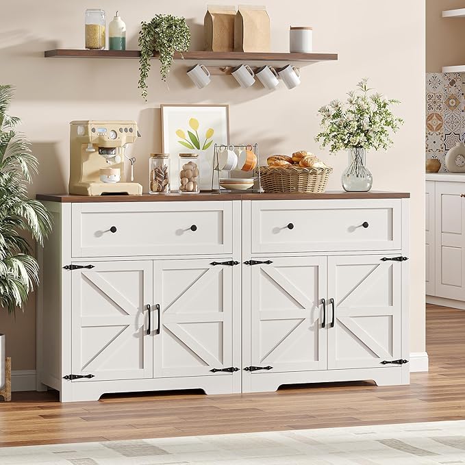 Coffee Bar Cabinet with Storage, Small Kitchen Storage Cabinet, Modern Farmhouse Buffet Sideboard with Drawers and Adjustable Shelves, Barn Door Accent Cabinets for Kitchen, Dining Room, Living Room