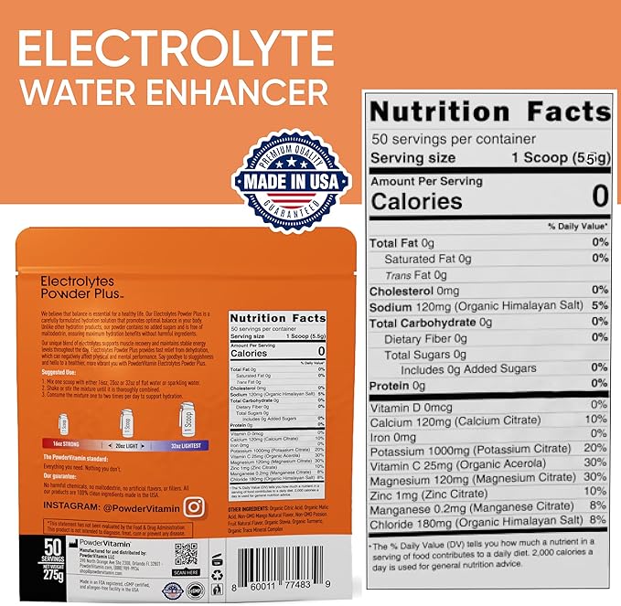 PowderVitamin Electrolytes Powder Plus (50 Servings) Mango Passionfruit Electrolyte Powder Zero Calorie Keto, 0 Sugar, No Maltodextrin,1000mg Potassium,120mg Calcium,120mg Magnesium, Hydration Powder