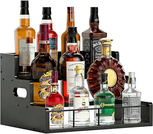 Yelinkws Liquor Bottle Display Shelf,Wood Syrup Organizer Rack,3 Step Countertop Organizer Wine Rack,Rustic Coffee Station Accessories for Syrup (Black)
