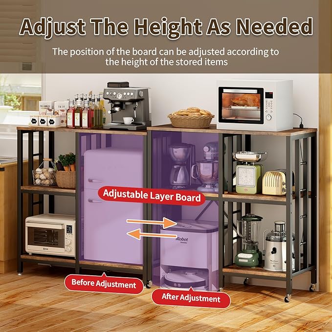 Adjustable Kitchen Bakers Rack with Power Outlet,4-Tier Microwave Stand Kitchen Cart,Mini Fridge Stand with Storage,Bar Cabinet,Suitable for Office,Coffee Bar,Living Room,Patio,Rustic Brown