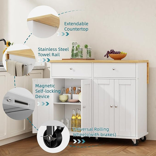 Shintenchi Kitchen Island with Drop Leaf, Rolling Kitchen Cart with Storage on Wheels, Table Bar Cart for Kitchen with Towel Rack & Seating Area for Dining Room, White