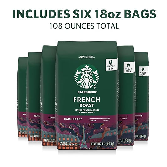 Starbucks Whole Coffee Beans, Dark Roast Hot or Iced Coffee, French Roast, Six 18 oz Bags