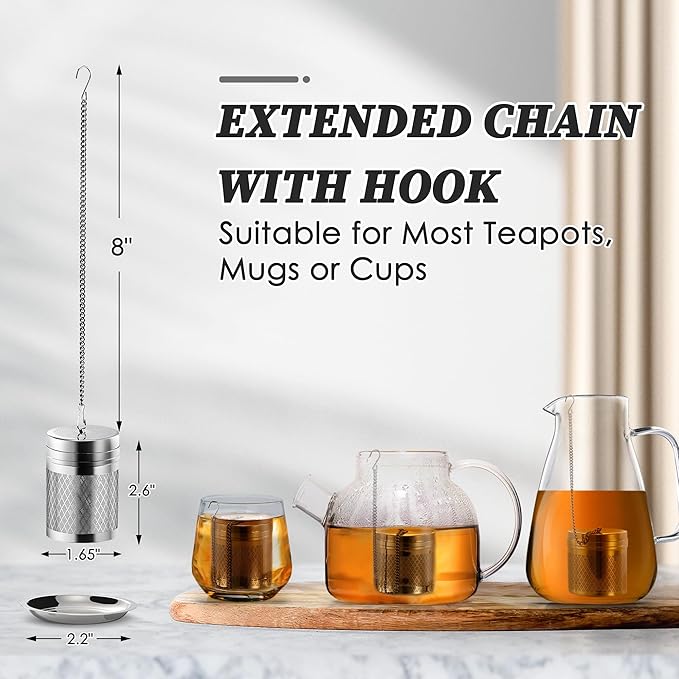 Tea Infusers for Loose Tea, Extra Fine Mesh Tea Strainers, 18/8 Stainless Steel Loose Leaf Tea Steeper Tea Diffusers with Extended Chain Hook and Drip Tray 1 Pack