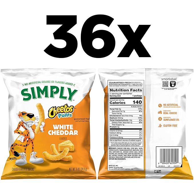 Simply, Cheetos Puffs White Cheddar, 0.875 Ounce (Pack of 36)