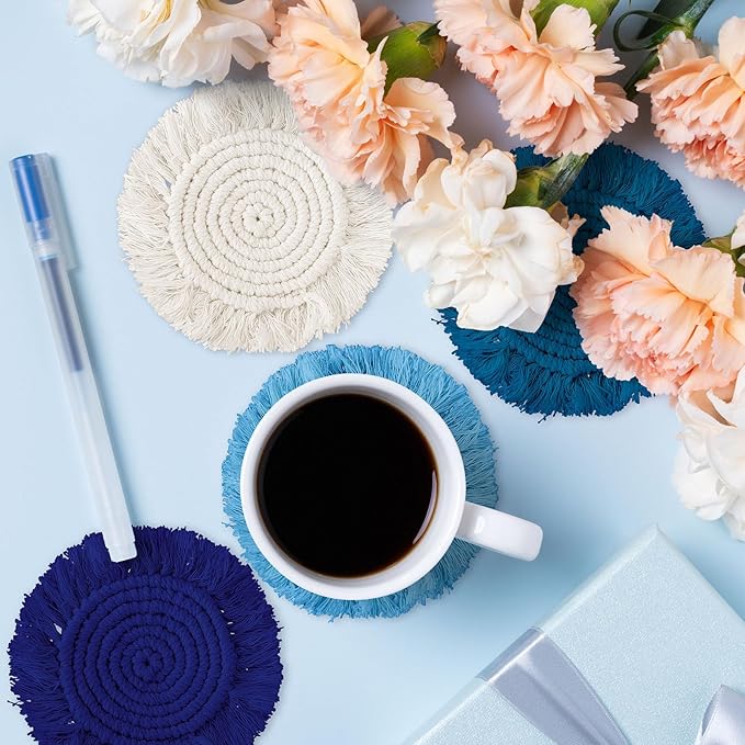 Whaline 4Pcs Boho Macrame Coasters Blue Handmade Woven Drink Coasters Farmhouse Rustic Cup Mat Pad for Home Kitchen Office Table Desk Housewarming Gift Party Table Decor