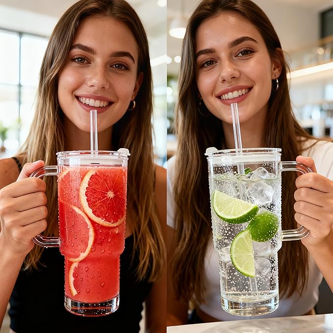 28oz Glass Coffee Cups with Lids and Straw,2 Pack Glass Tumbler with Handle for Cold & Hot Drinks Wide Mouth Travel Mug for Smoothies,Beer,Tea,Juice and Iced Coffee Cups with Lids and Straw