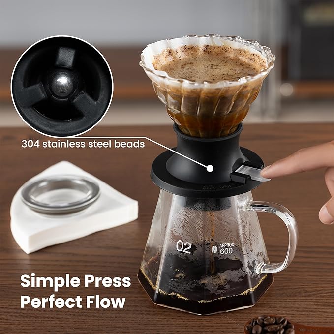 Switch pour over coffee maker, 3-in-1 Immersion &pour over coffee dripper, Stops Bitter Coffee, Includes 600ml Glass Pot & 50 Natural Paper Filters, Size 02, Ideal for Iced drink & Gift