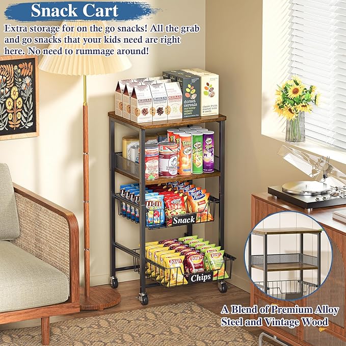 4 Tier Rolling Cart with Drawer Baskets, Metal Utility Storage Cart with Wheels and Wood Top for Living Room, Kitchen, Home Office, Bedroom, Pantry, Baby Essential, Makeup, Snack, Craft, Black